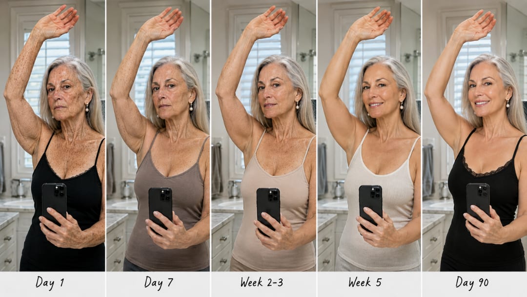Progress timeline of a woman's raised arm skin from Day 1 to Day 90 showing firmer, smoother upper arm and neck skin