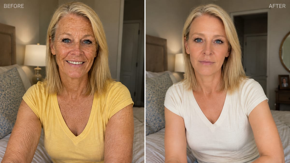 Before and after comparison showing firmer, smoother neck and chest skin