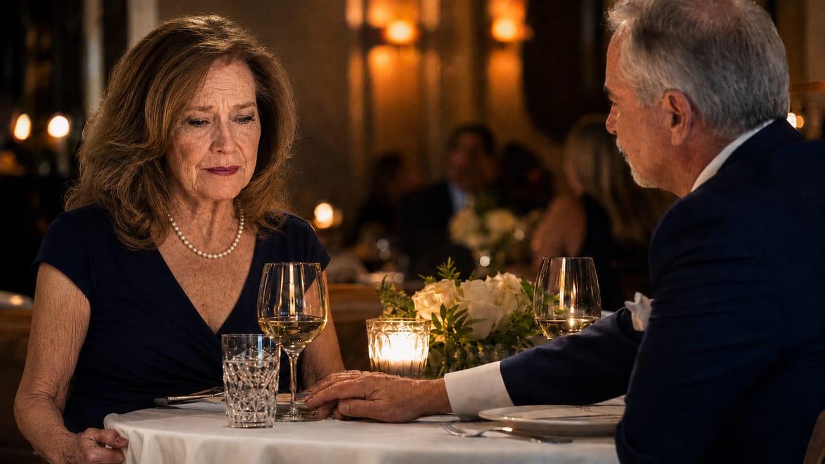 Older couple at a candlelit restaurant dinner, husband gently touching his wife's hand