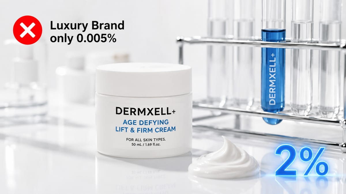 DERMXELL+ Age Defying Lift & Firm Cream jar beside lab test tubes, showing 2% therapeutic concentration versus 0.005% in luxury brands
