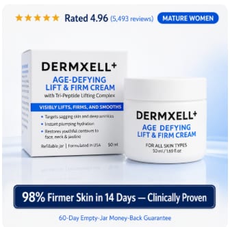 DERMXELL⁺ Age-Defying Lift & Firm Cream jar and box, rated 4.96 from 5,493 reviews
