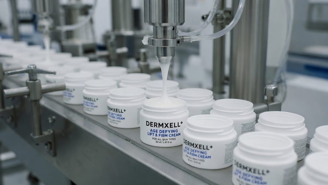 DERMXELL⁺ Age Defying Lift & Firm Cream jars being filled on a sterile production line