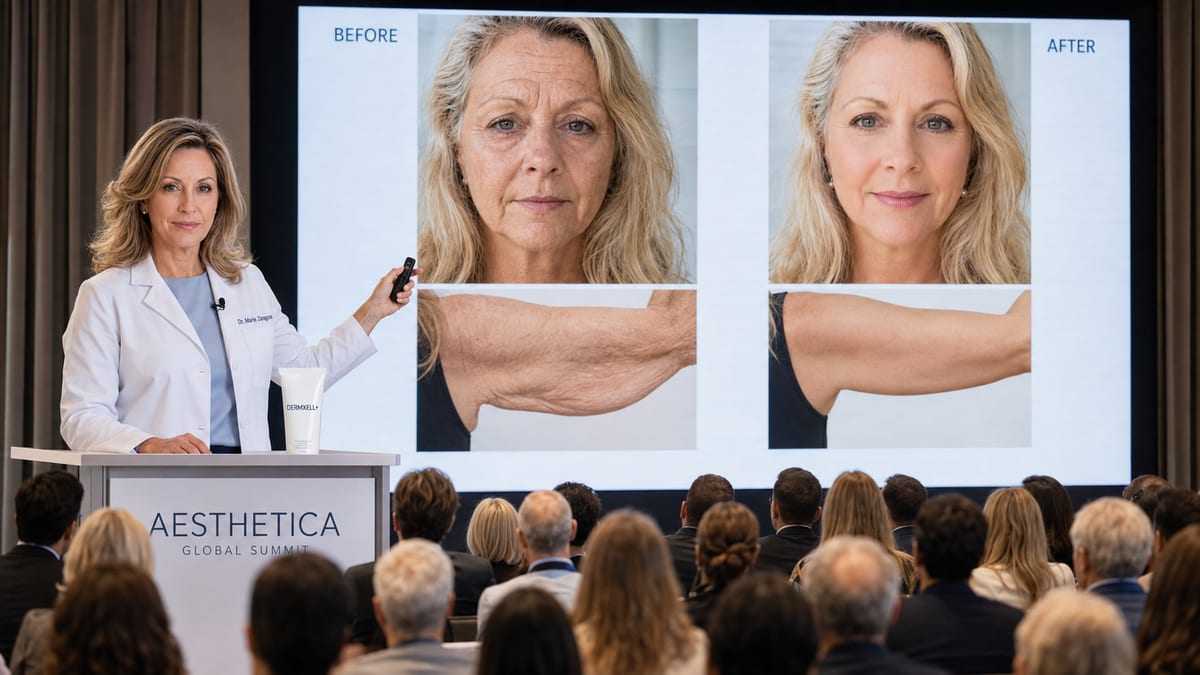 Dr. Marie Zaragonza presenting DERMXELL+ before and after results at the Aesthetica Global Summit