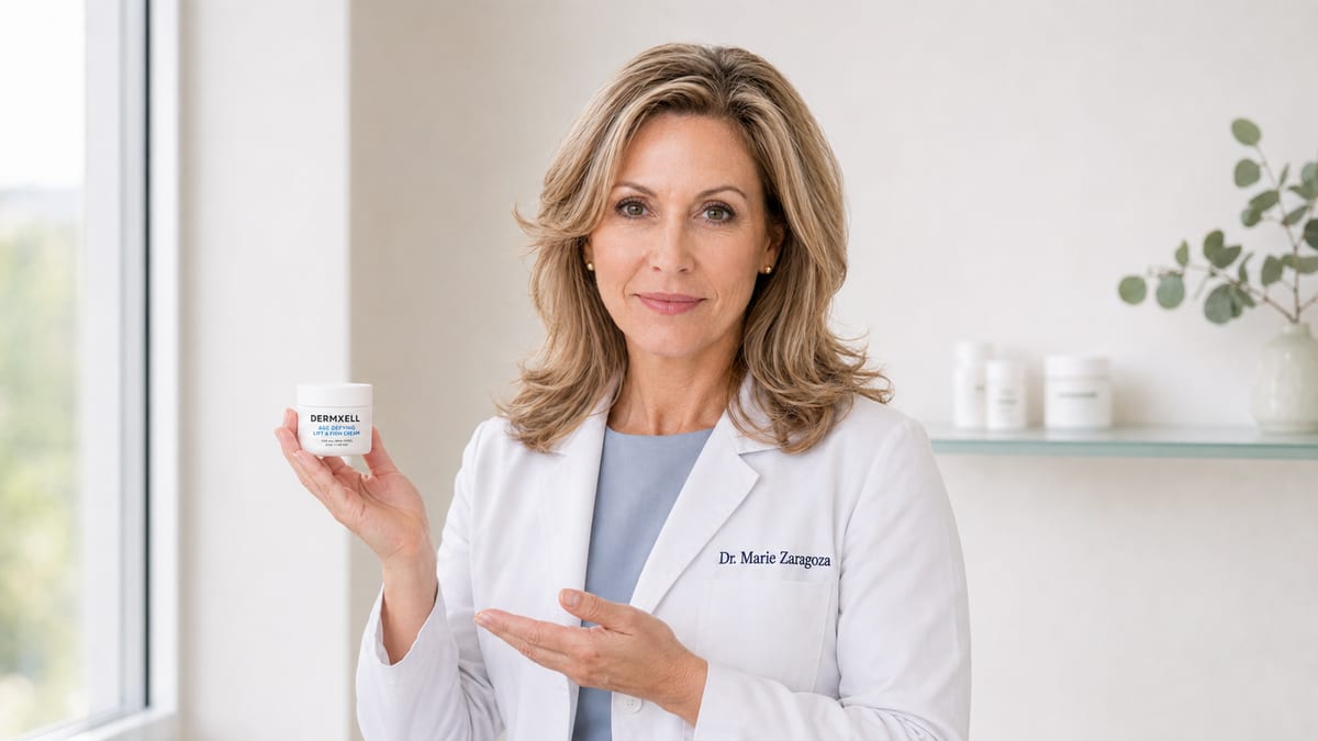 Dr. Marie Zaragoza holding a jar of DERMXELL+ Age Defying Lift & Firm Cream