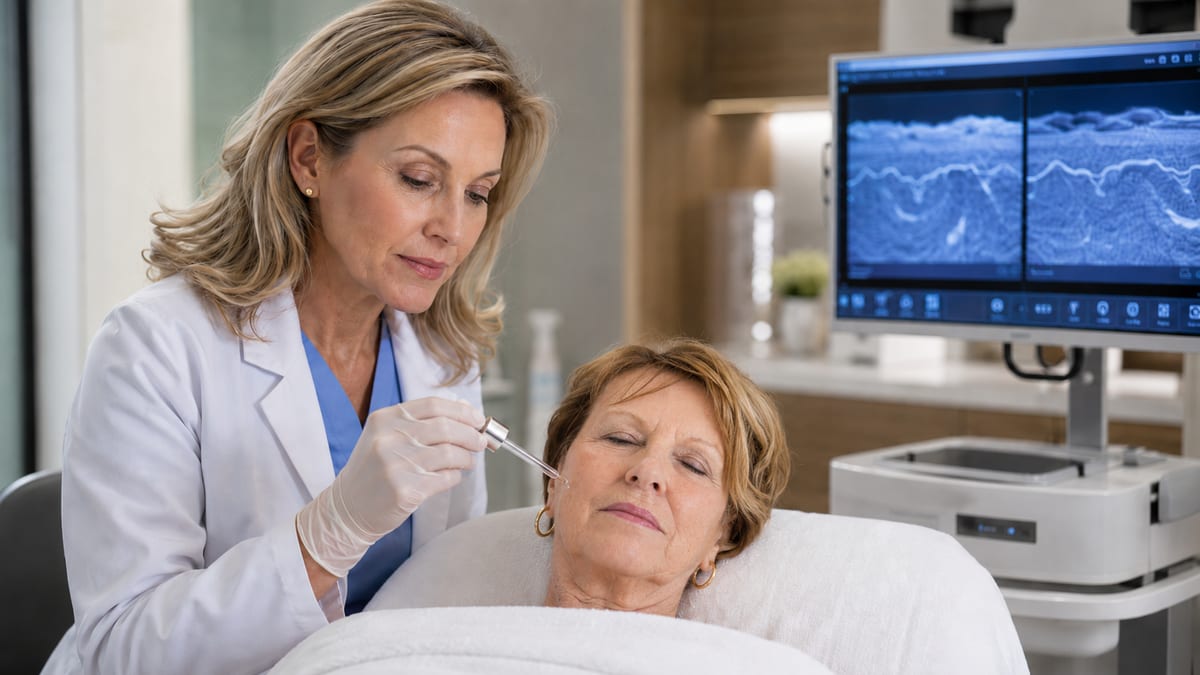 Dermatologist applying a peptide serum to an older woman's skin beside a skin-imaging monitor