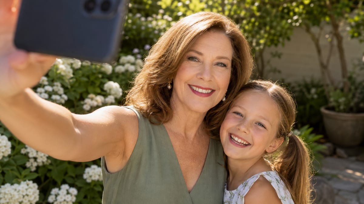 Smiling woman taking a selfie outdoors with her young granddaughter