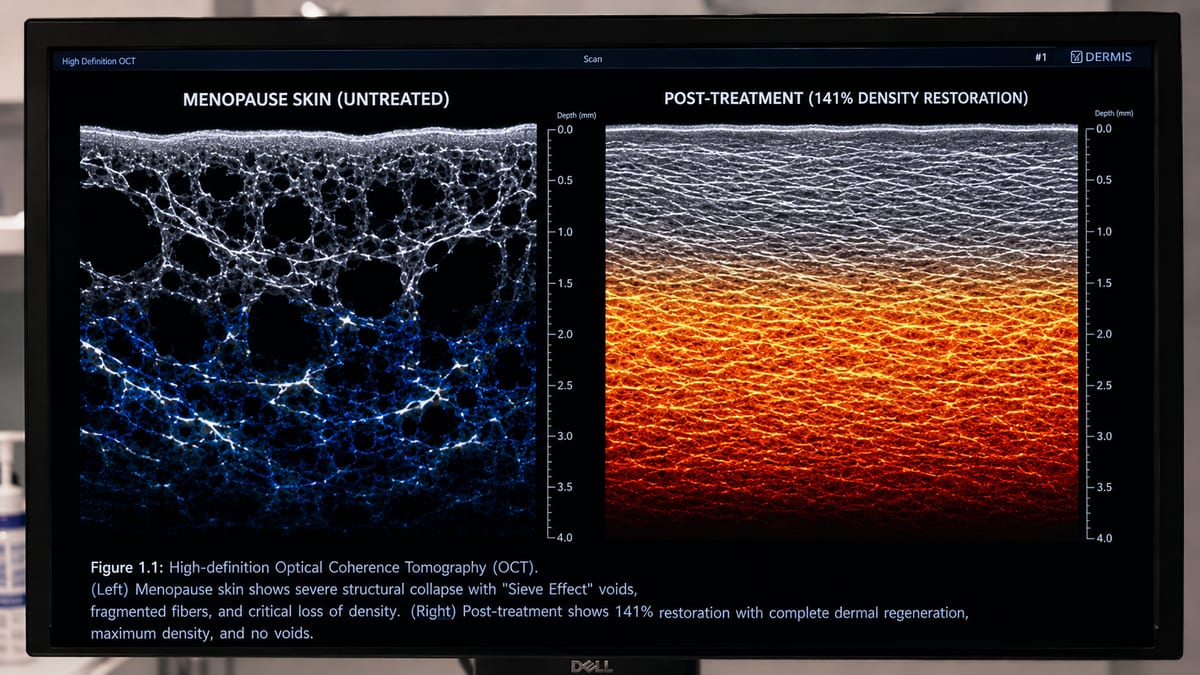 High-definition OCT scan comparing untreated mature skin with post-treatment 141% dermal density restoration