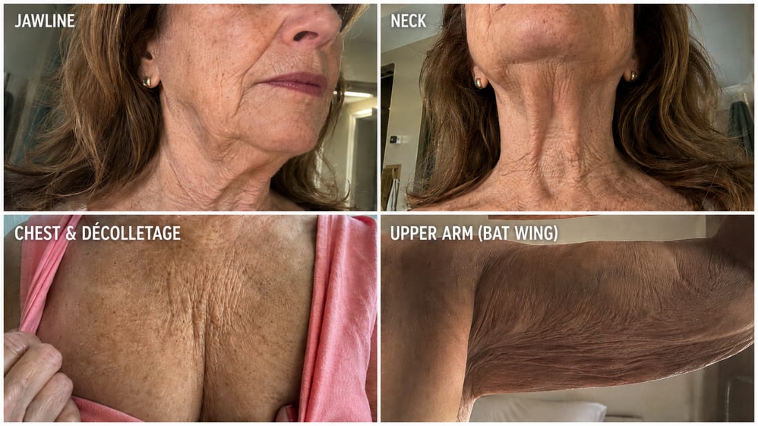 Close-up comparison of sagging skin on the jawline, neck, chest and décolletage, and upper arm