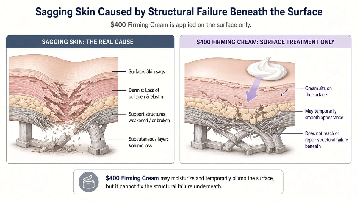 Diagram comparing sagging skin's structural failure beneath the surface with a $400 firming cream that only sits on top