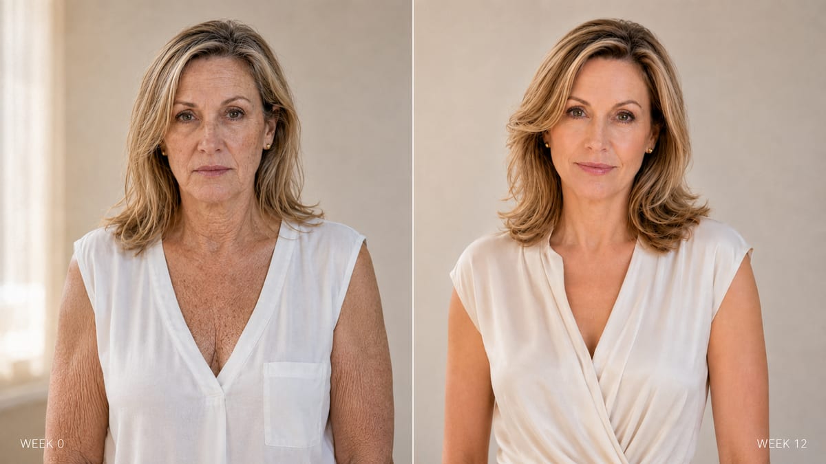 Week 0 versus Week 12 comparison showing a firmer jawline, neck and chest