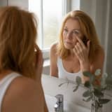 Woman doing a quick morning mirror check for under-eye brightness
