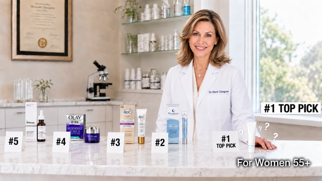 Dr. Marie Zaragoza with the top 5 eye serums for women 55+, featuring DERMXELL as the #1 top pick