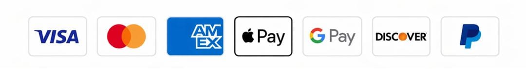 Accepted payment methods: Visa, Mastercard, Amex, Apple Pay, Google Pay, Discover, PayPal